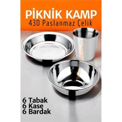 ModaCar Paslanmaz Çelik Tabak Kase Bardak Seti Kamp Piknik Seti 18 adet 
