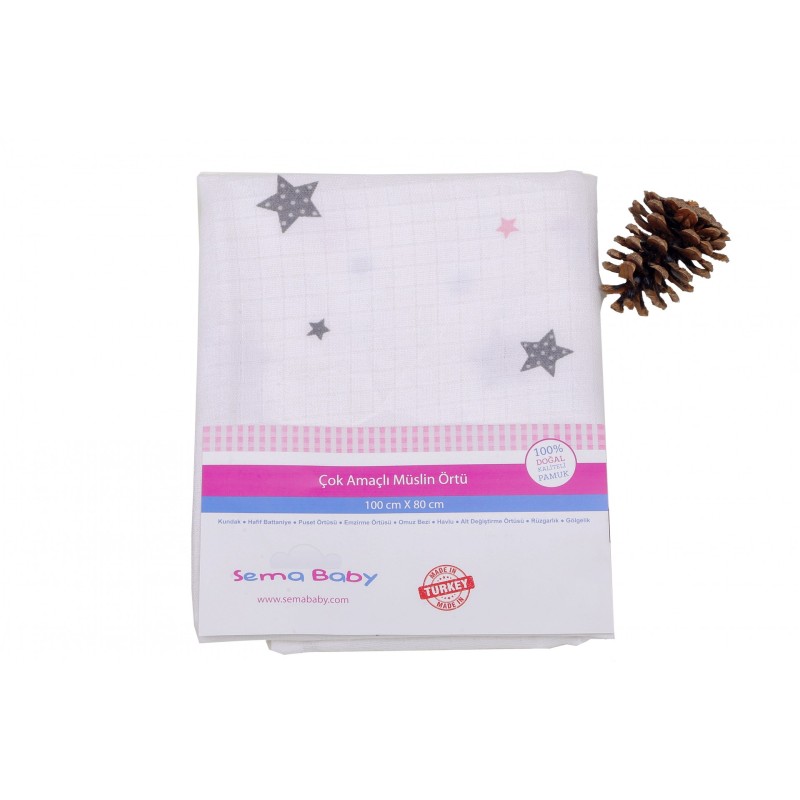 Sema Baby Çok Amaçlı Müslin Örtü 100x80 cm - Pembe Yıldız 8682476853124 Sema Baby Çok Amaçlı Müslin Örtü 100x80 cm - Pembe Yıldız 8682476853124