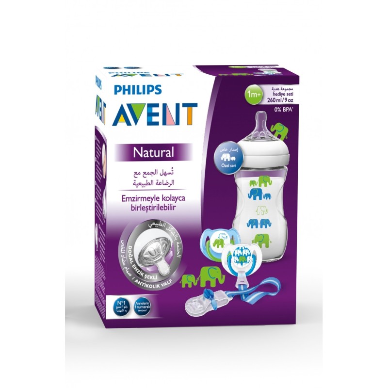 Avent Fil Desenli Natural Hediye Seti - Mavi Avent Fil Desenli Natural Hediye Seti - Mavi