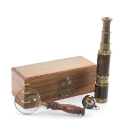 Ahşap Kutu Pirinç Pusula, Dürbün, Büyüteç, Seti Model 2 