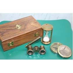 Ahşap Kutulu Pirinç Pusula, Kum Saati, Dürbün Seti 