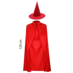 Yetişkin Boy Kırmızı Yakalı Pelerin ve Kırmızı Cadı Şapkası