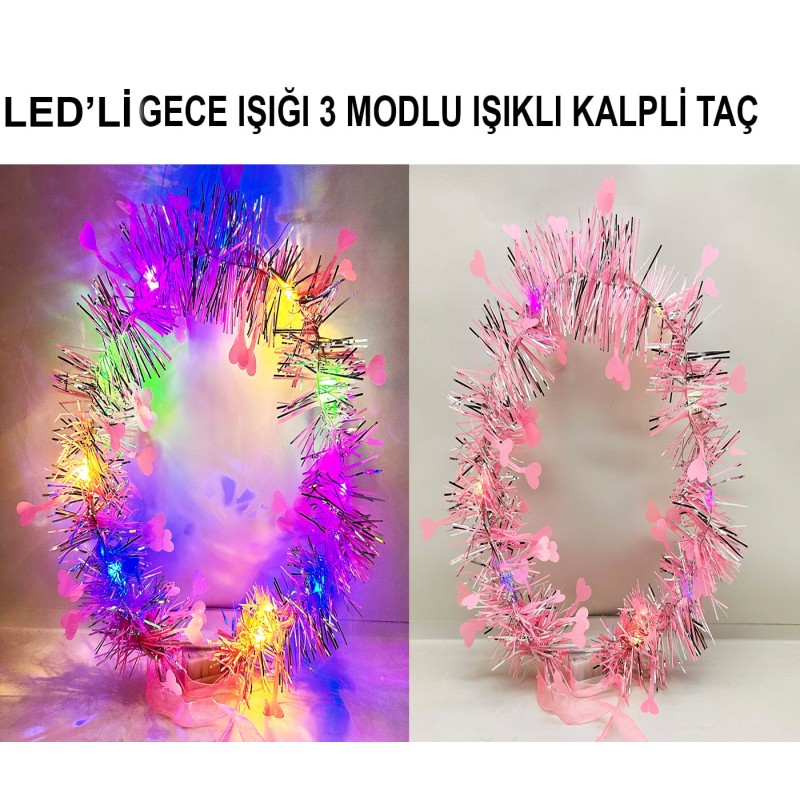 Kalp Püsküllü 3 Modlu LED Işıklı Taç Pembe Renk Kalp Püsküllü 3 Modlu LED Işıklı Taç Pembe Renk
