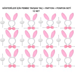 Pembe Tavşan Kostüm Seti – Taç, Papyon, Ponpon (12’li Paket)