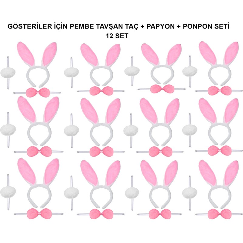 Pembe Tavşan Kostüm Seti – Taç, Papyon, Ponpon (12’li Paket) Pembe Tavşan Kostüm Seti – Taç, Papyon, Ponpon (12’li Paket)