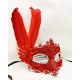 Kırmızı Renk Tüylü Dantelli Gözleri Taşlı Balo Parti Maskesi