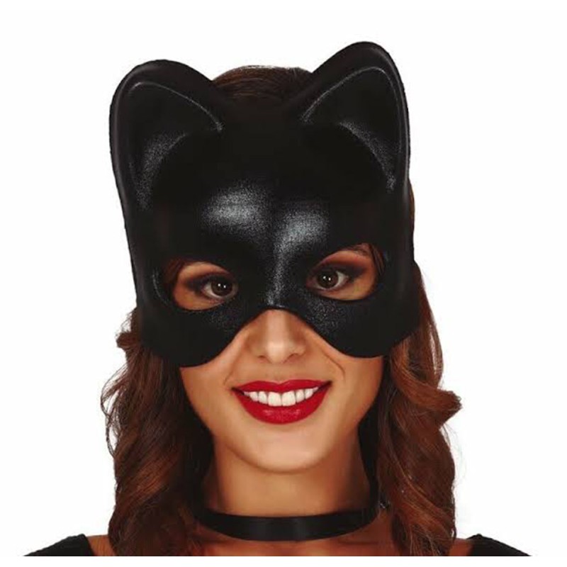 Siyah Deri Görünümlü Kedi Maskesi