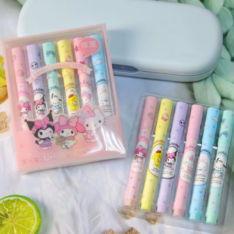 6lı Fosforlu Kalem Seti - Sanrio Karakterleri, Kuromi, Hello Kitty