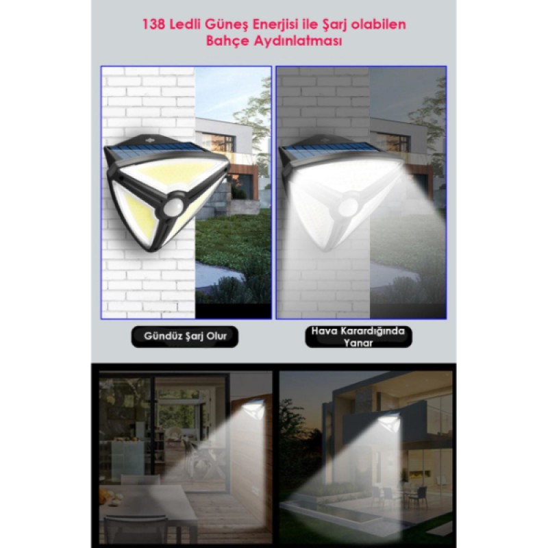 Sensörlü 138 Ledli Güneş Enerjili Solar Bahçe Lambası
