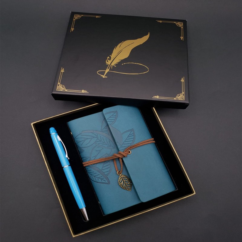 Siyah Kutulu Yaprak Desenli Mavi Deri Defter Ve Kalem Seti