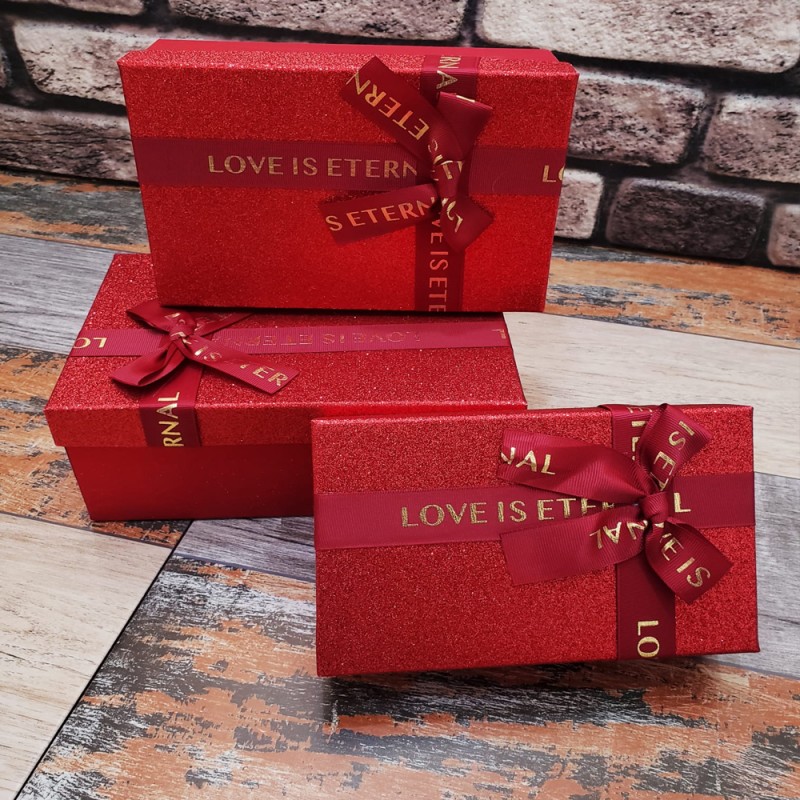 3'lü Dikdörtgen Simli Kırmızı Hediye Kutusu