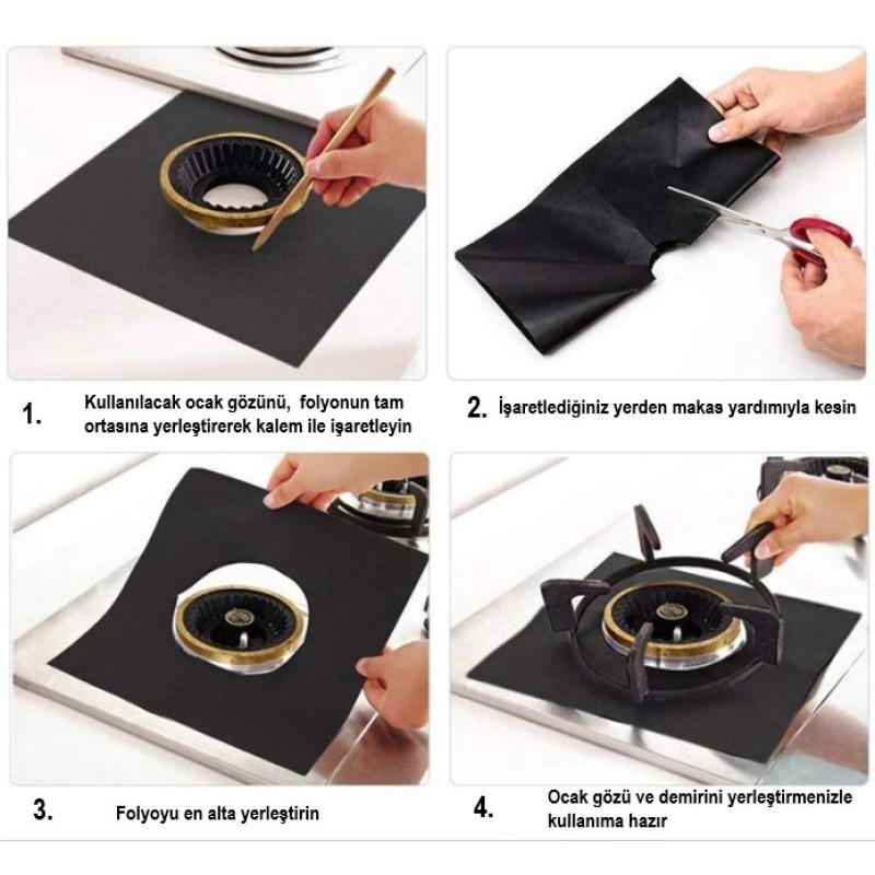Ocak Koruyucu Folyo Yanmaz Yapışmaz 4'lü Set Siyah Renk 