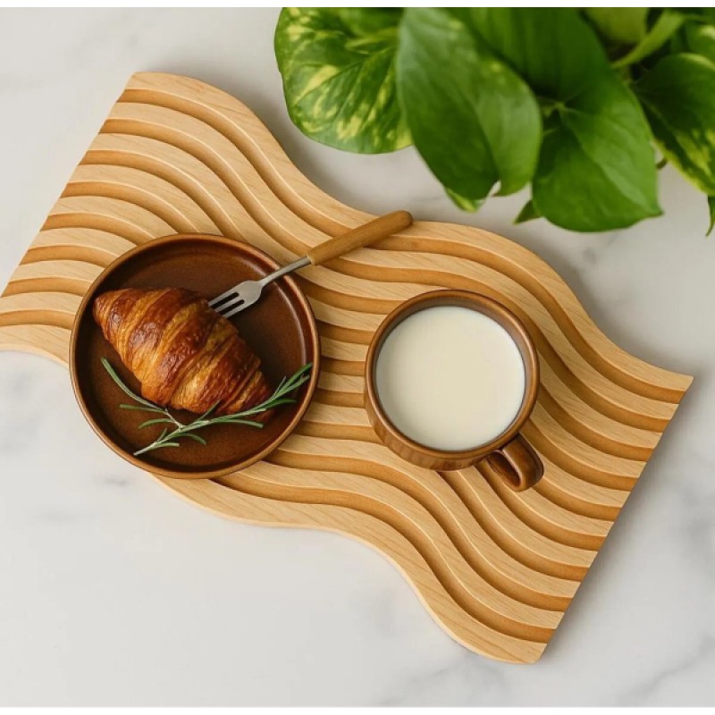 Dalgalı Çift Taraf Tasarımlı Ahşap Sunum Tepsisi 