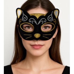 Kadife Dokulu Simli Kedi Maskesi Altın Gümüş Detaylı 