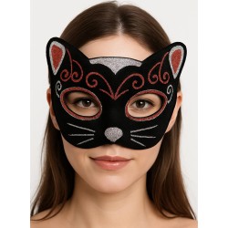 Kadife Dokulu Simli Kedi Maskesi Kırmızı Gümüş Detaylı 