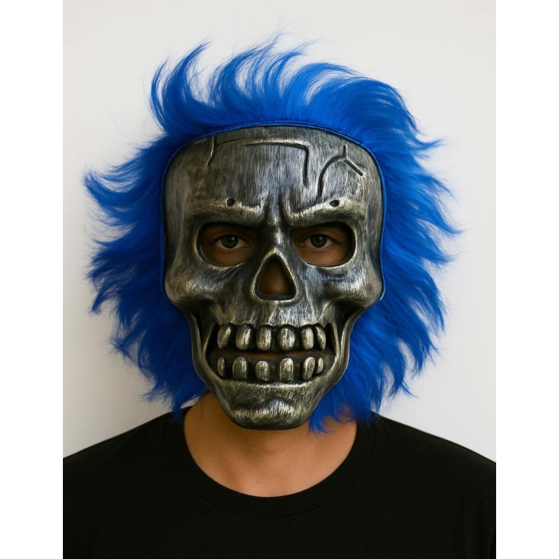 Wild Skull - Gümüş Kafatası Mavi Saçlı İskelet Maske Wild Skull - Gümüş Kafatası Mavi Saçlı İskelet Maske