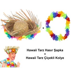 Hawaii Tarzı Set - Tropikal Çiçekli Hasır Şapka ve Çiçekli Hawaii Kolye