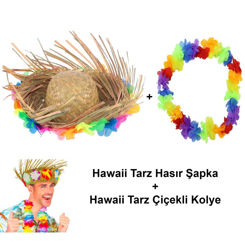 Hawaii Tarzı Set - Tropikal Çiçekli Hasır Şapka ve Çiçekli Hawaii Kolye