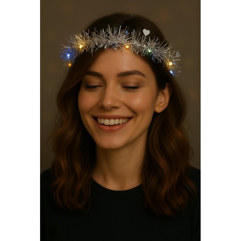 Kalp Püsküllü 3 Modlu LED Işıklı Taç Gümüş Renk