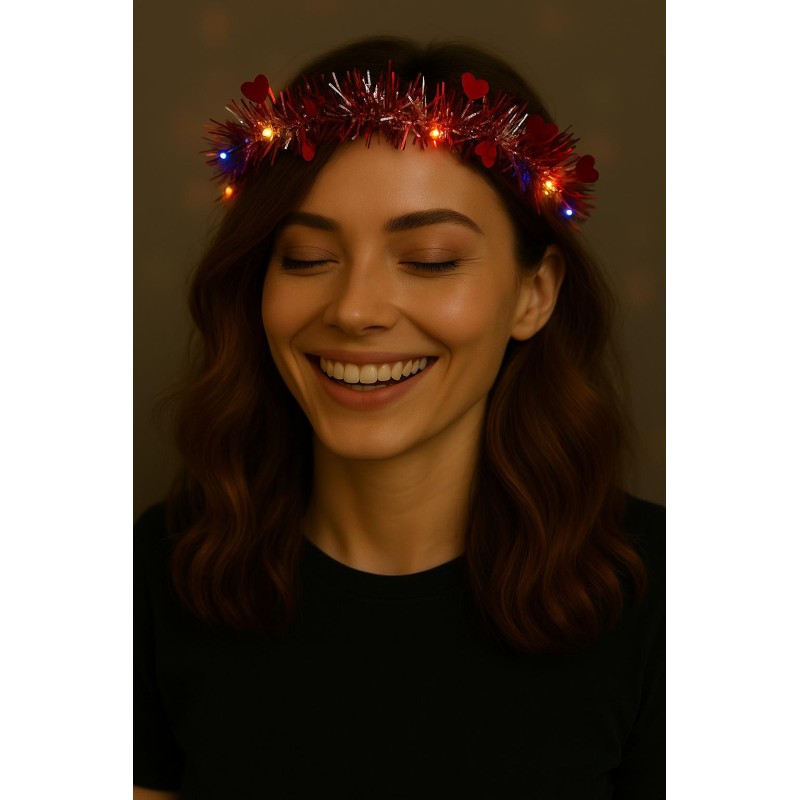 Kalp Püsküllü 3 Modlu LED Işıklı Taç Kırmızı Renk