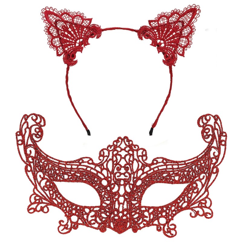 Romantik Kırmızı Dantel Maske Seti – Kedi Kulaklı Taç ve Maske No 3 Romantik Kırmızı Dantel Maske Seti – Kedi Kulaklı Taç ve Maske No 3