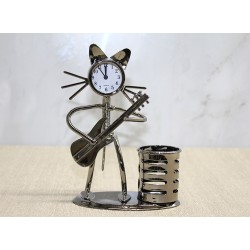 Metal Gitar Çalan Müzisyen Kedi Saat Ve Kalemlik 