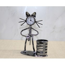 Metal Saksafon Çalan Müzisyen Kedi Saat Ve Kalemlik 