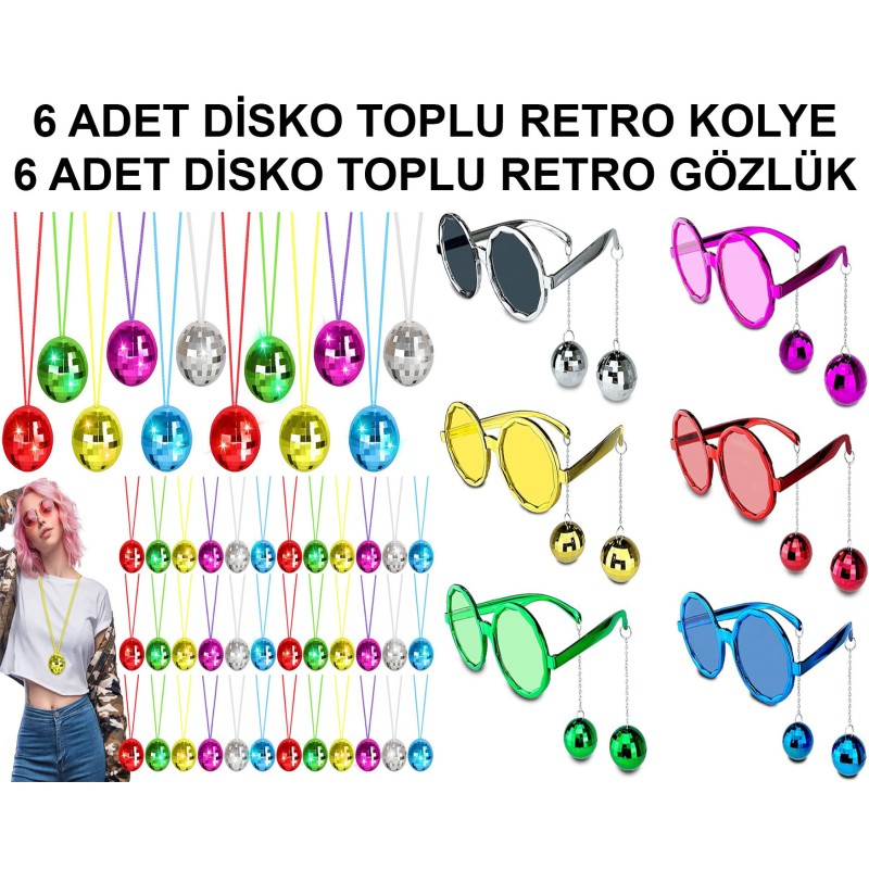 12 Parça Renkli Disko Toplu Retro Parti Seti – 6 Kolye + 6 Gözlük 12 Parça Renkli Disko Toplu Retro Parti Seti – 6 Kolye + 6 Gözlük