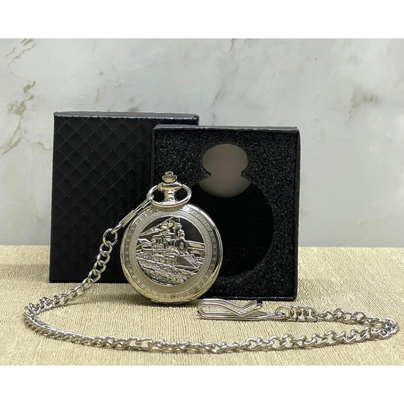 Özel Kutulu Tren Temalı Gümüş Köstekli Saat 