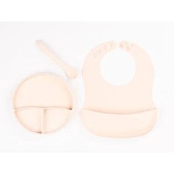 Krem Rengi 3’lü Silikon Yemek Seti – Önlük + Diş Kaşıyıcılı Kaşık + Vakumlu Tabak