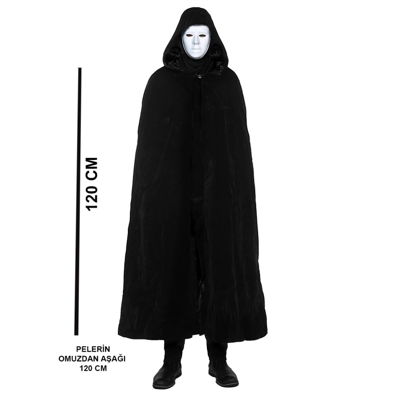 Siyah Kapüşonlu 120 cm Pelerin ve Beyaz Boyanabilir Tam Yüz Maske