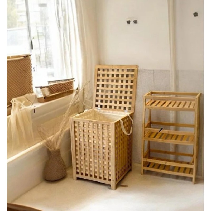 Büyük Boy Ahşap Bambu Kirli Sepeti 45x45x62 Büyük Boy Ahşap Bambu Kirli Sepeti 45x45x62