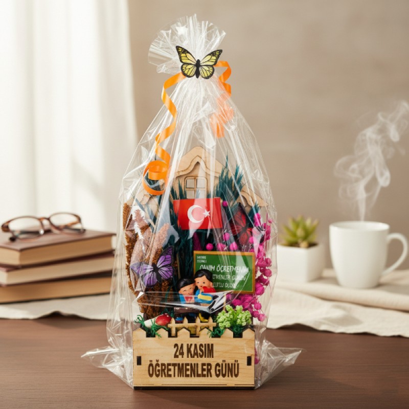 Mini Okul Saksı Hediye Sepeti - Öğretmenler Günü Hediyesi